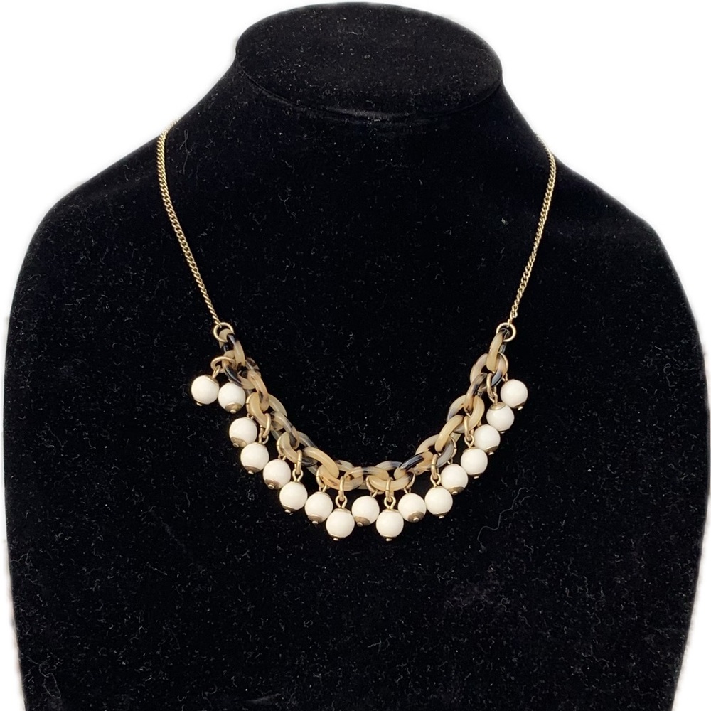 J. Crew Elegant Leopard print chain white beads pendant Necklace 24” signed